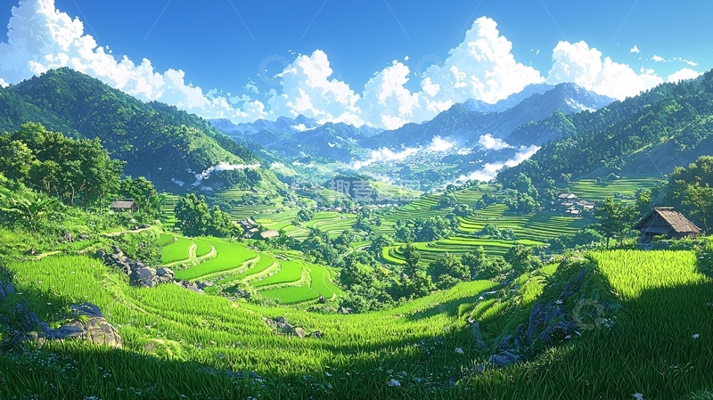 高清大图下载【趣麦麦图】阳光明媚的山谷田园风光