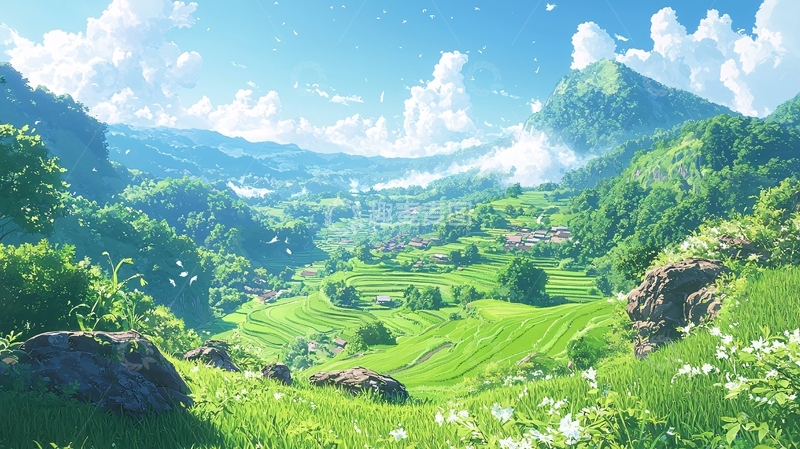 高清大图下载【趣麦麦图】阳光明媚的山谷田园风光