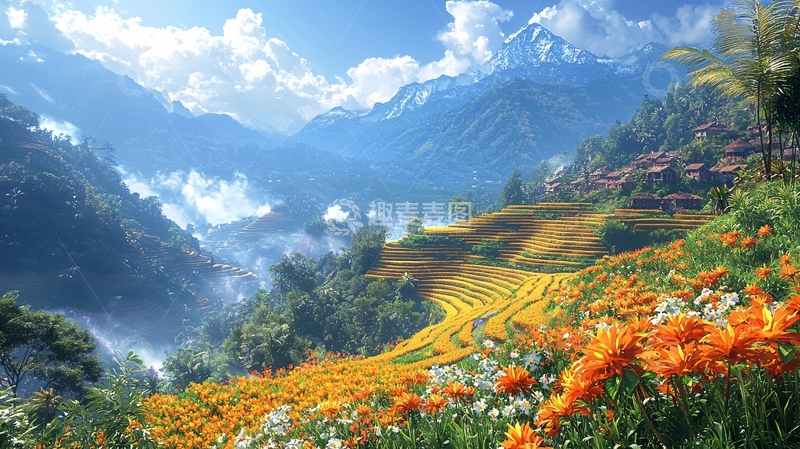 高清大图下载【趣麦麦图】阳光明媚的山区梯田风光