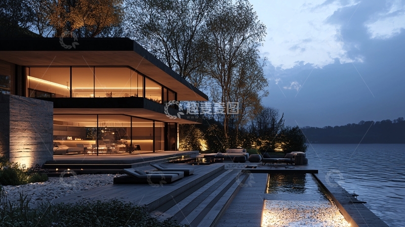 高清大图下载【趣麦麦图】现代简约湖景别墅夜景