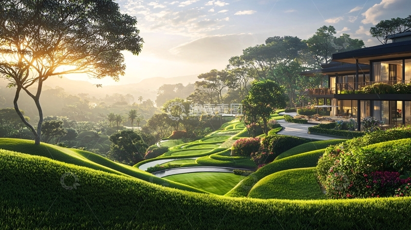 高清大图下载【趣麦麦图】清晨山峦别墅景色