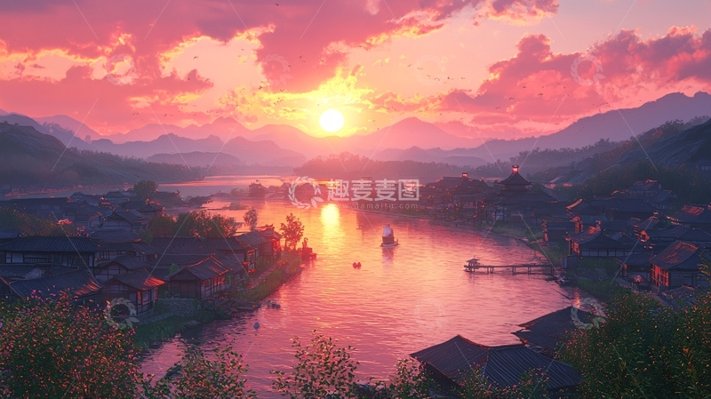 高清大图下载【趣麦麦图】粉红色日落下的山间小镇