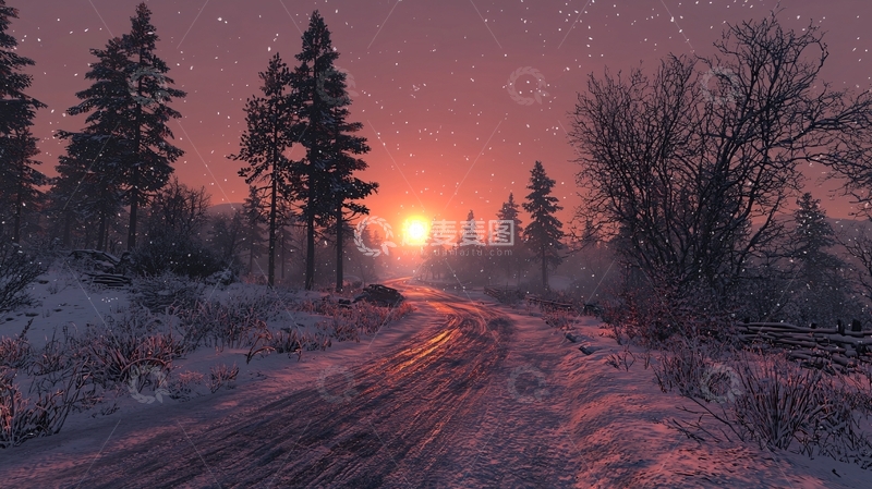 高清大图下载【趣麦麦图】雪地森林落日