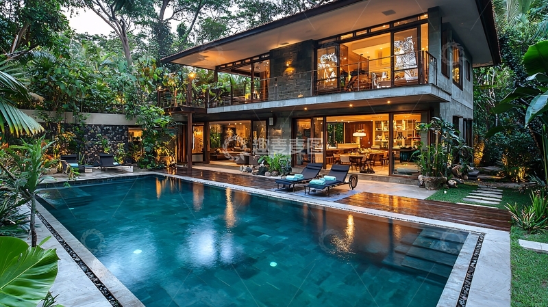 高清大图下载【趣麦麦图】泳池别墅夜景