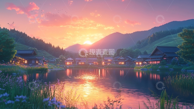 高清大图下载【趣麦麦图】日落山村湖景