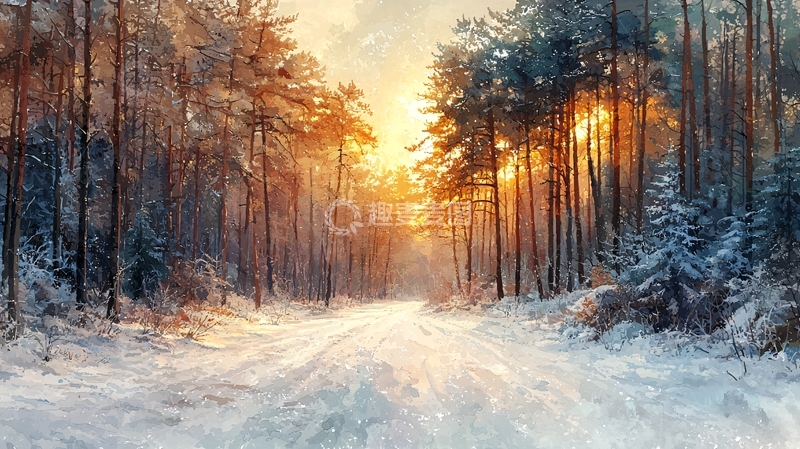 高清大图下载【趣麦麦图】冬日雪景森林道路日落