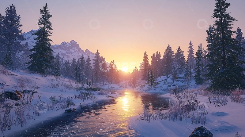 高清大图下载【趣麦麦图】冬季雪景日落