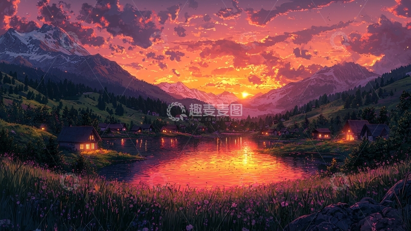 高清大图下载【趣麦麦图】日落山景湖边小屋