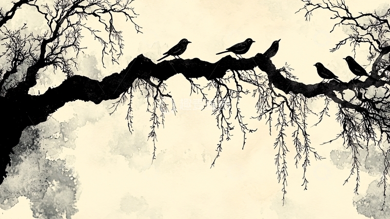 高清大图下载【趣麦麦图】枯树枝上黑色小鸟