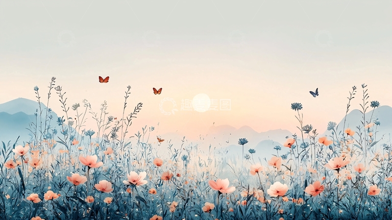高清大图下载【趣麦麦图】温柔日出花海蝴蝶