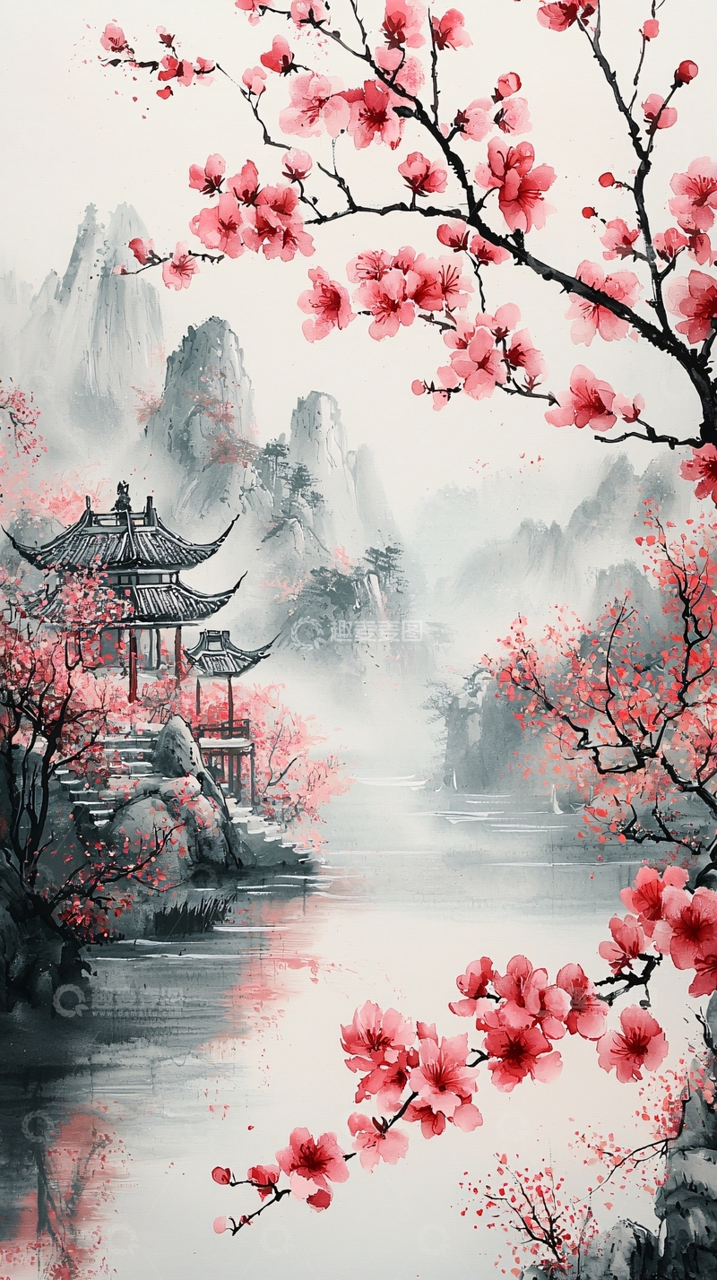 高清大图下载【趣麦麦图】水墨画樱花山景