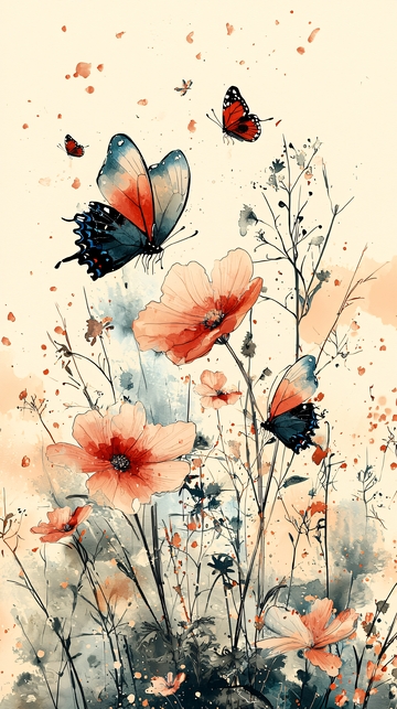 水彩蝴蝶花卉
