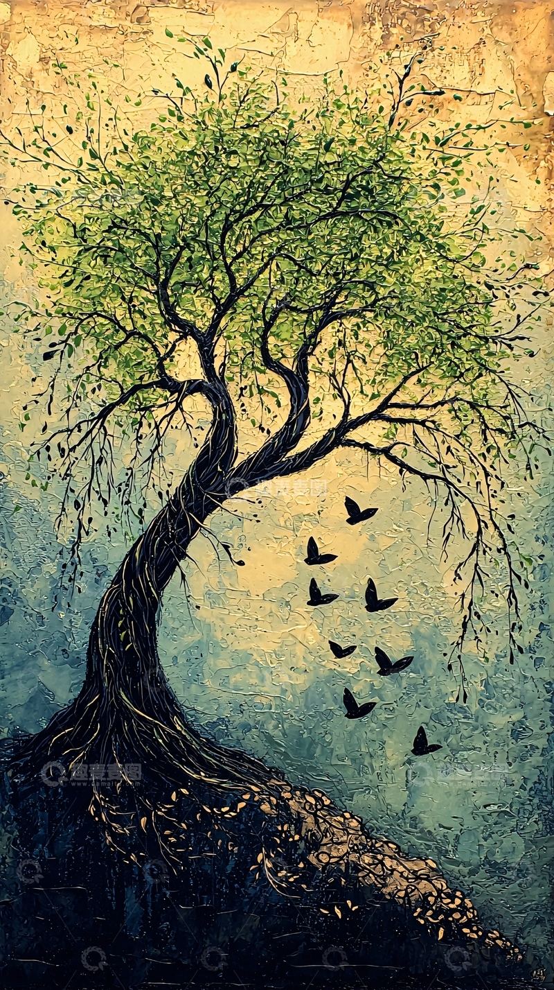 高清大图下载【趣麦麦图】油画风格绿色垂柳树