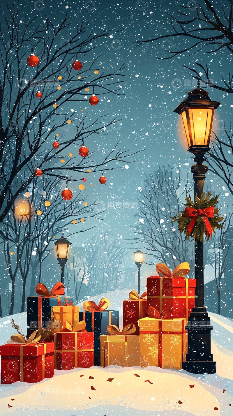 高清大图下载【趣麦麦图】冬夜雪景圣诞礼物堆