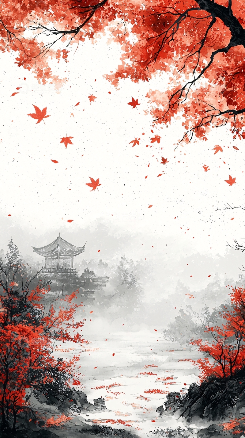 高清大图下载【趣麦麦图】水墨红枫秋景图