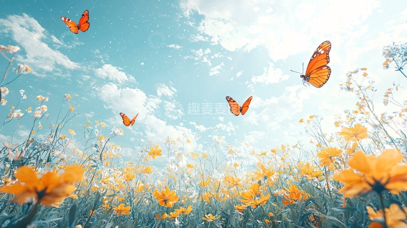高清大图下载【趣麦麦图】蓝天白云下飞舞的蝴蝶