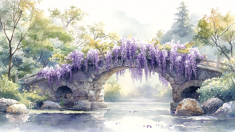 高清大图下载【趣麦麦图】紫藤花桥流水风景画