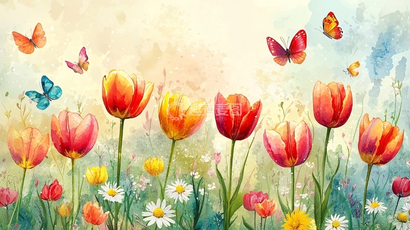 高清大图下载【趣麦麦图】水彩郁金香花田蝴蝶