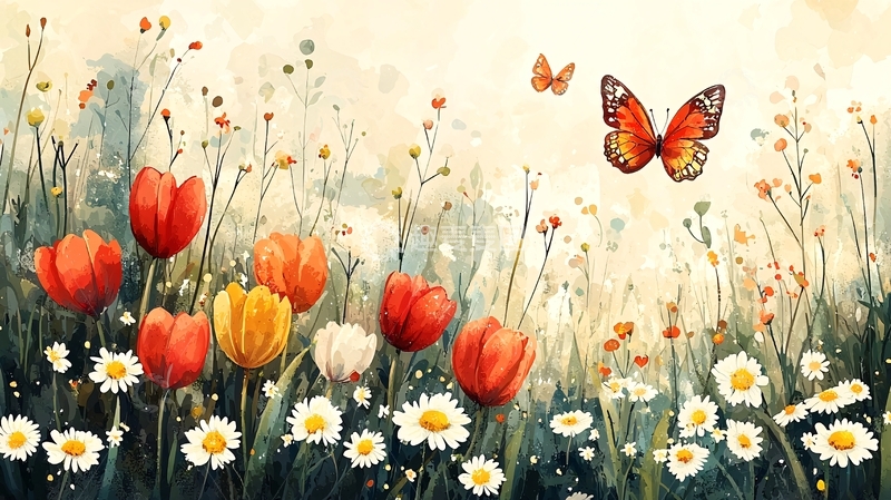 高清大图下载【趣麦麦图】水彩郁金香花田