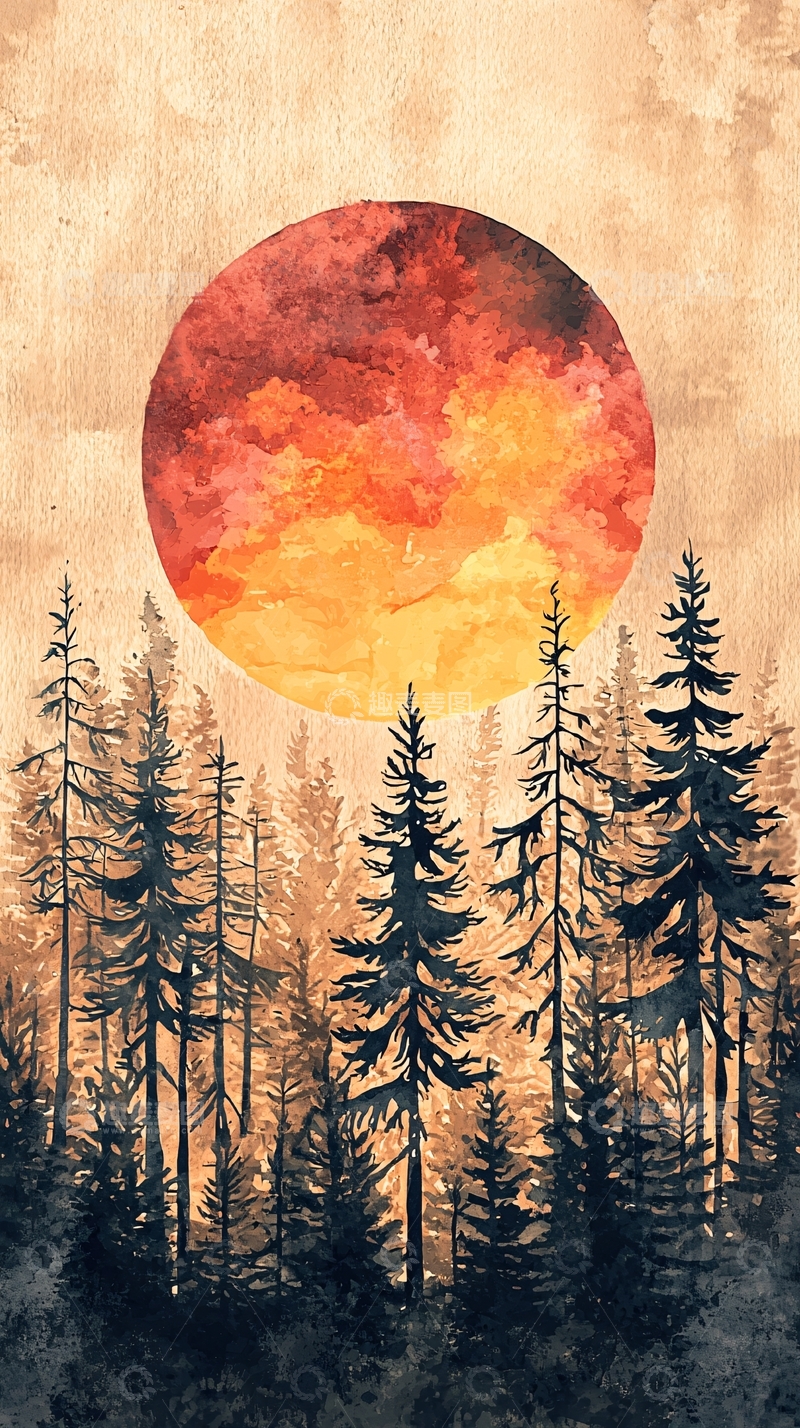 高清大图下载【趣麦麦图】水彩画森林日落