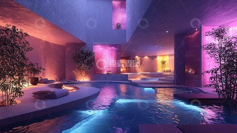 高清大图下载【趣麦麦图】梦幻紫色室内泳池