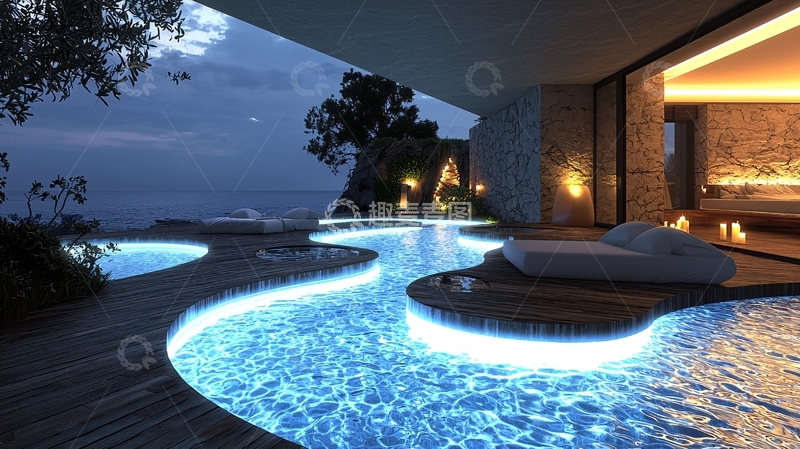 高清大图下载【趣麦麦图】现代海景别墅夜景