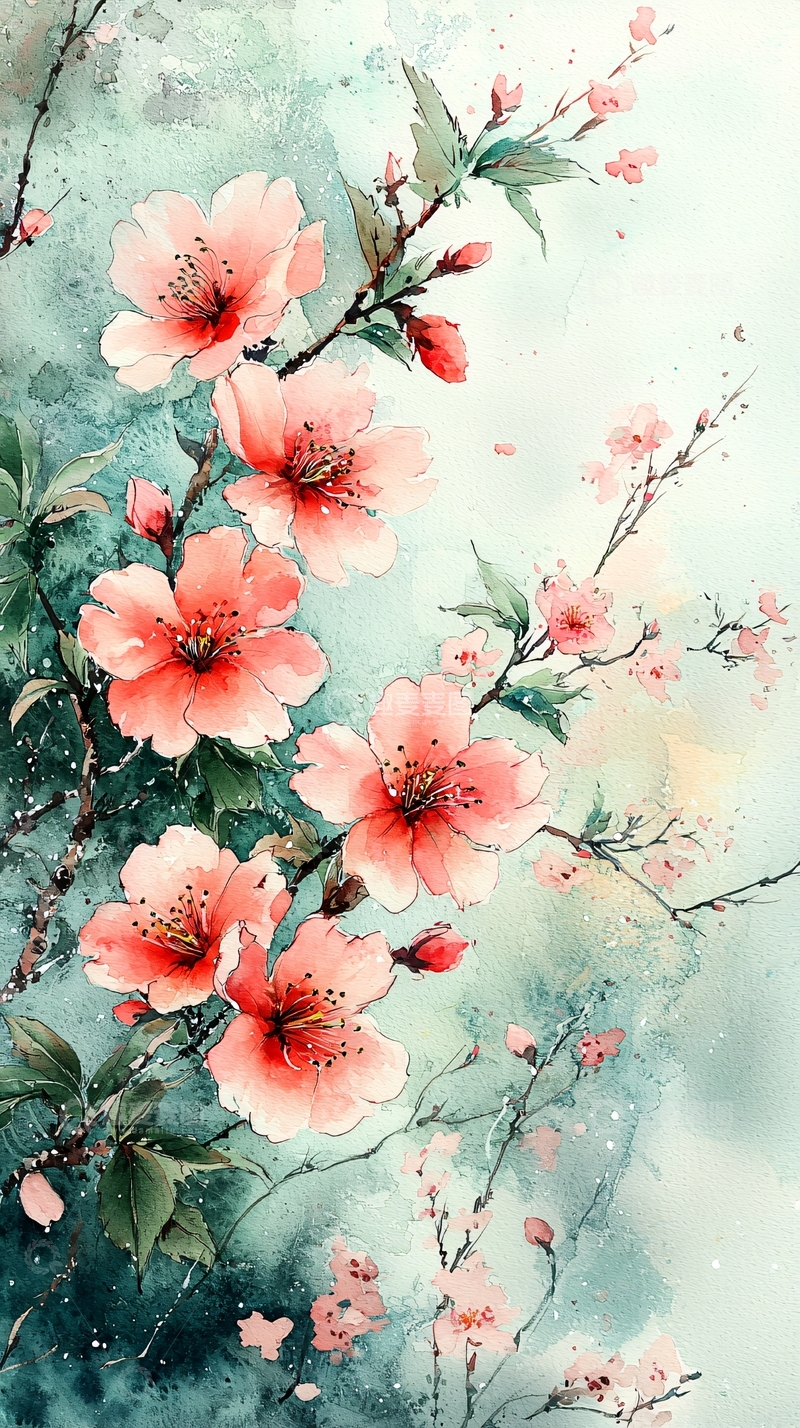 高清大图下载【趣麦麦图】水彩粉红色桃花