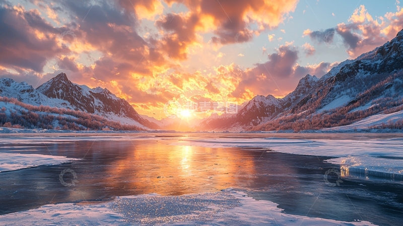 高清大图下载【趣麦麦图】火烧云下的雪山湖泊