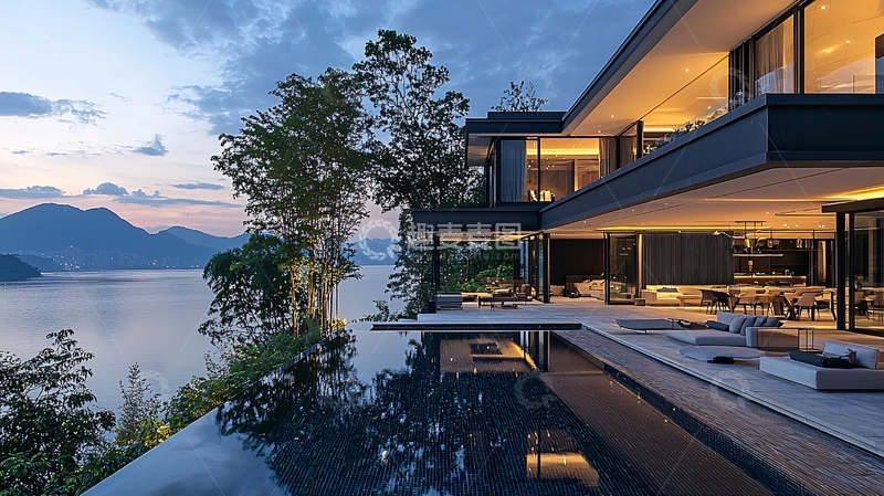 高清大图下载【趣麦麦图】湖景别墅夜景