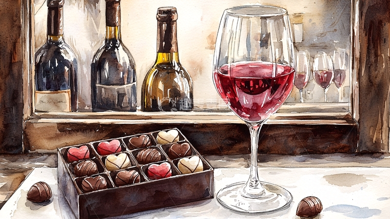 高清大图下载【趣麦麦图】红酒巧克力水彩画