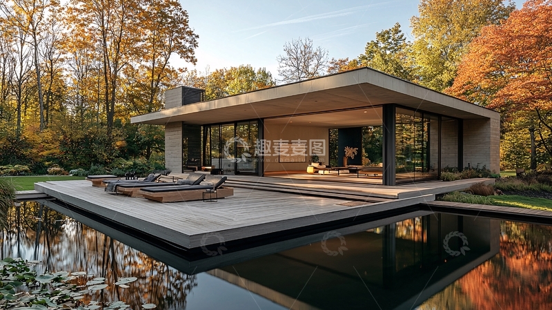 高清大图下载【趣麦麦图】秋日别墅泳池景观