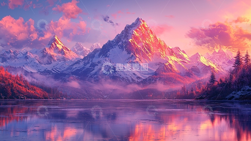 高清大图下载【趣麦麦图】粉色梦幻雪山湖泊