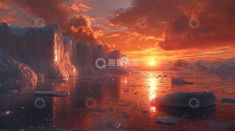 高清大图下载【趣麦麦图】极地冰川日落景色