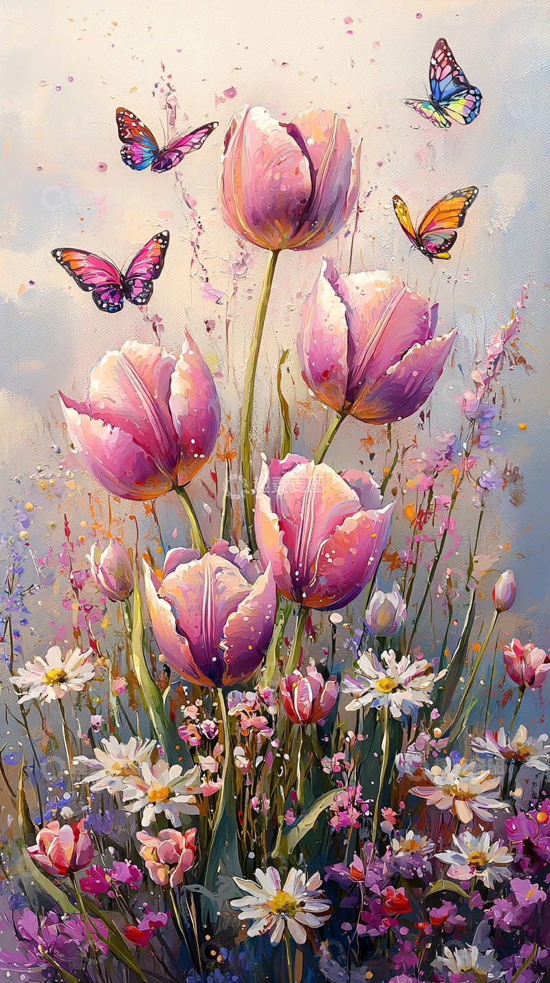 高清大图下载【趣麦麦图】粉色郁金香与蝴蝶