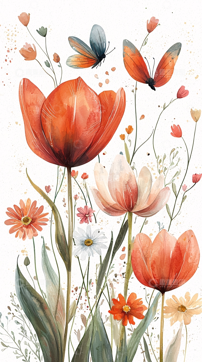 高清大图下载【趣麦麦图】橙色郁金香与蝴蝶花卉水彩画