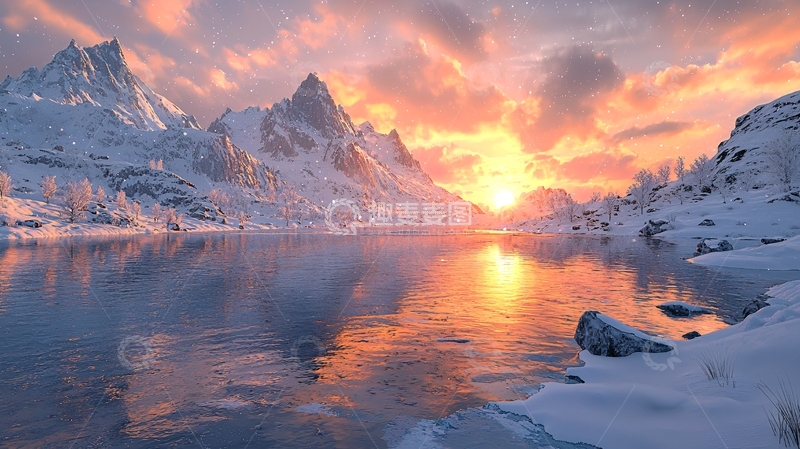 高清大图下载【趣麦麦图】雪山日落湖面倒影