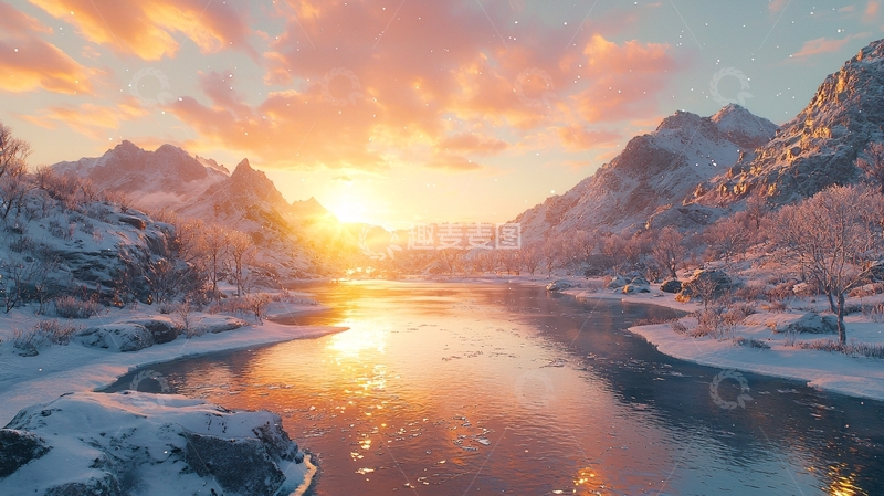 高清大图下载【趣麦麦图】极寒之地日落雪山美景