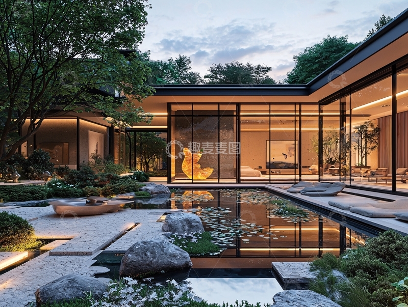 高清大图下载【趣麦麦图】现代庭院夜景