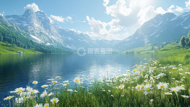 高清大图下载【趣麦麦图】阳光下的阿尔卑斯山湖泊