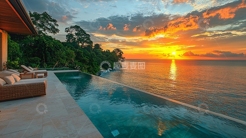 高清大图下载【趣麦麦图】海边别墅落日晚霞