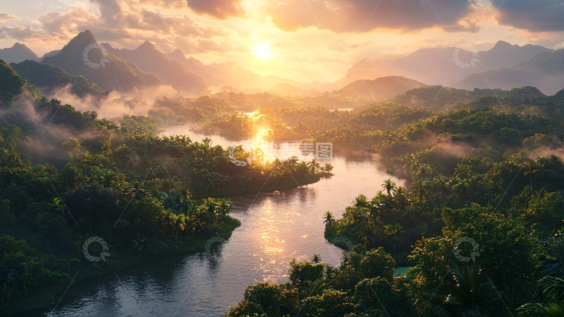 高清大图下载【趣麦麦图】日出山峰河流森林