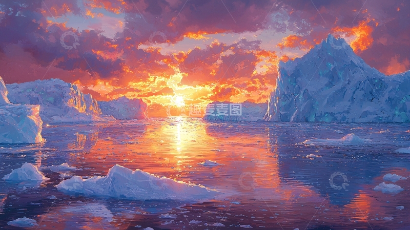 高清大图下载【趣麦麦图】极地冰川日落