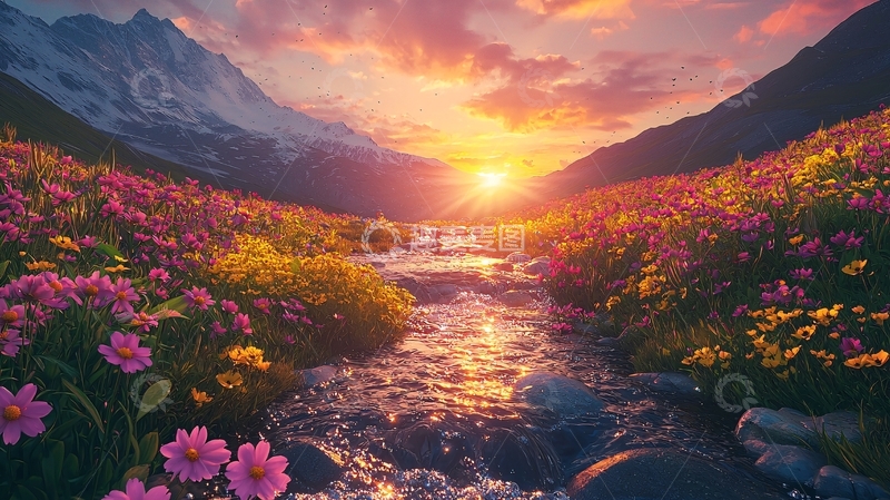 高清大图下载【趣麦麦图】山谷日出花海溪流