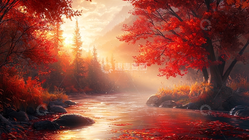 高清大图下载【趣麦麦图】秋日红枫溪流风景