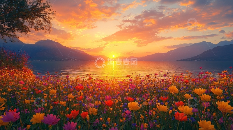 高清大图下载【趣麦麦图】日落湖边鲜花盛开