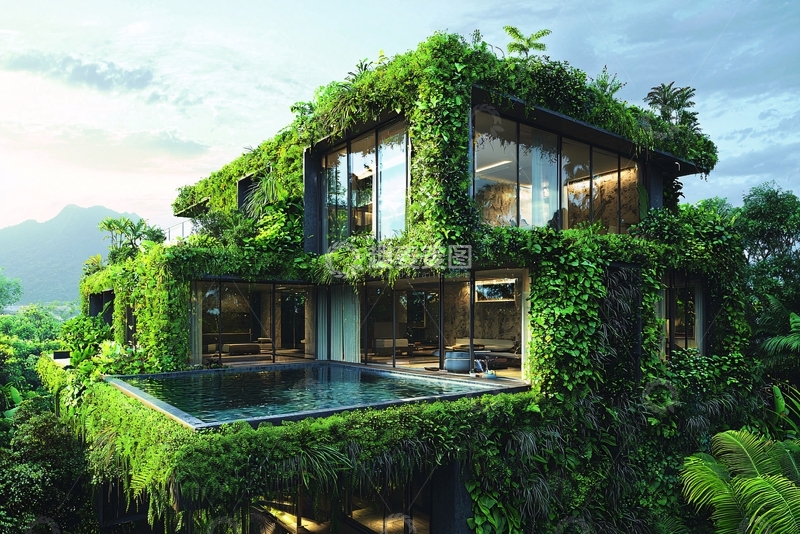 高清大图下载【趣麦麦图】绿植覆盖的现代别墅