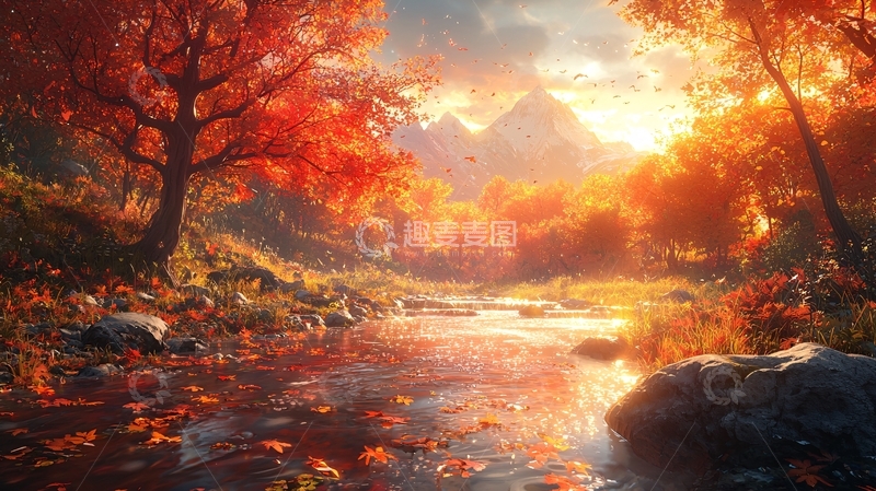 高清大图下载【趣麦麦图】秋日森林溪流落叶