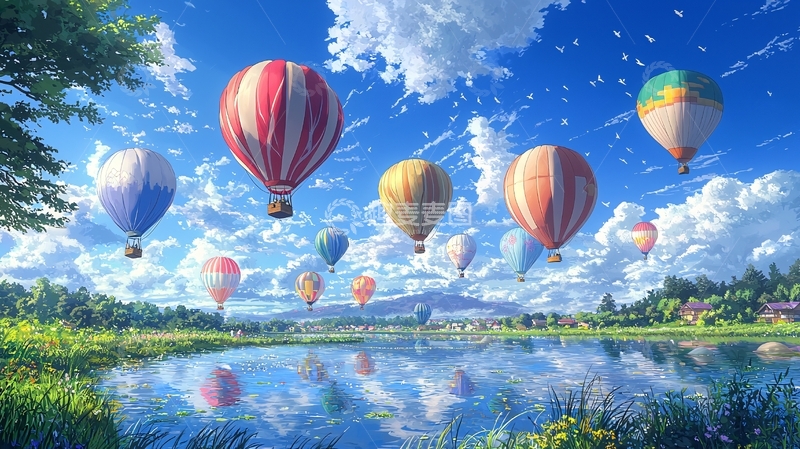 高清大图下载【趣麦麦图】彩色热气球飞跃田园