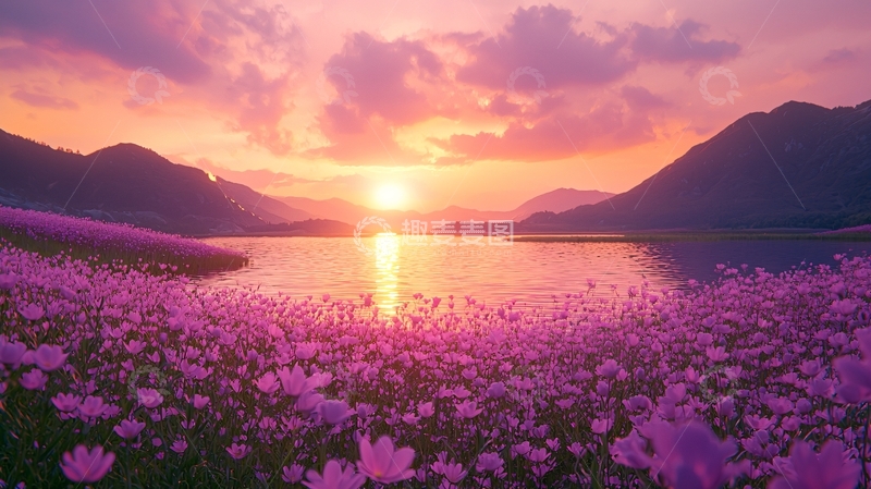 高清大图下载【趣麦麦图】粉色花海日落