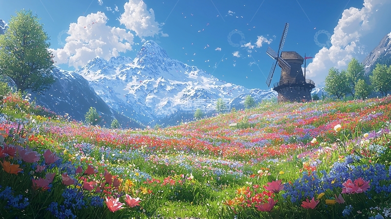 高清大图下载【趣麦麦图】彩色花海山脉风车